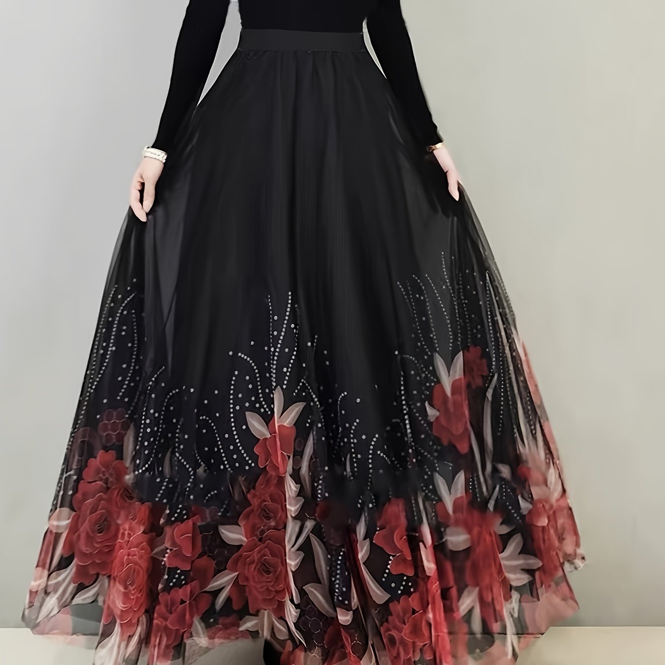 Women's Maxi Skirt with Floral and Butterfly Print Ruffle Hem Polyester All-Season