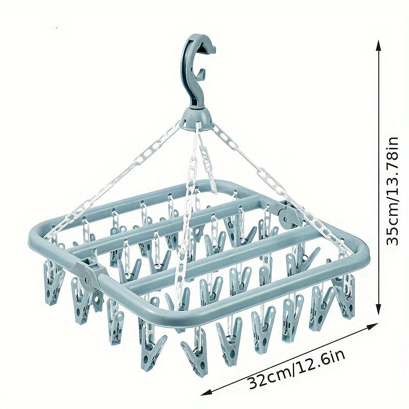 Compact Plastic 32-Clip Folding Laundry Hanger for Delicates Organizer