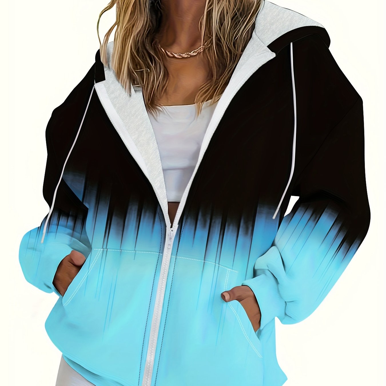 Women’s Plus Size Color Block Zip Hoodie With Kangaroo Pocket