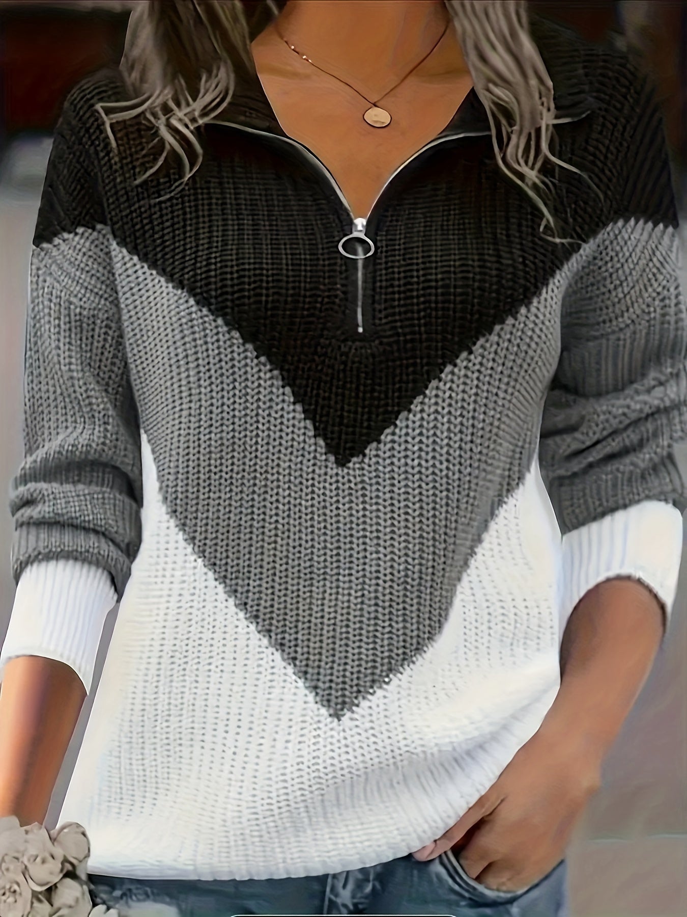 Women's Plus Size Acrylic Patchwork V-Neck Sweater Top