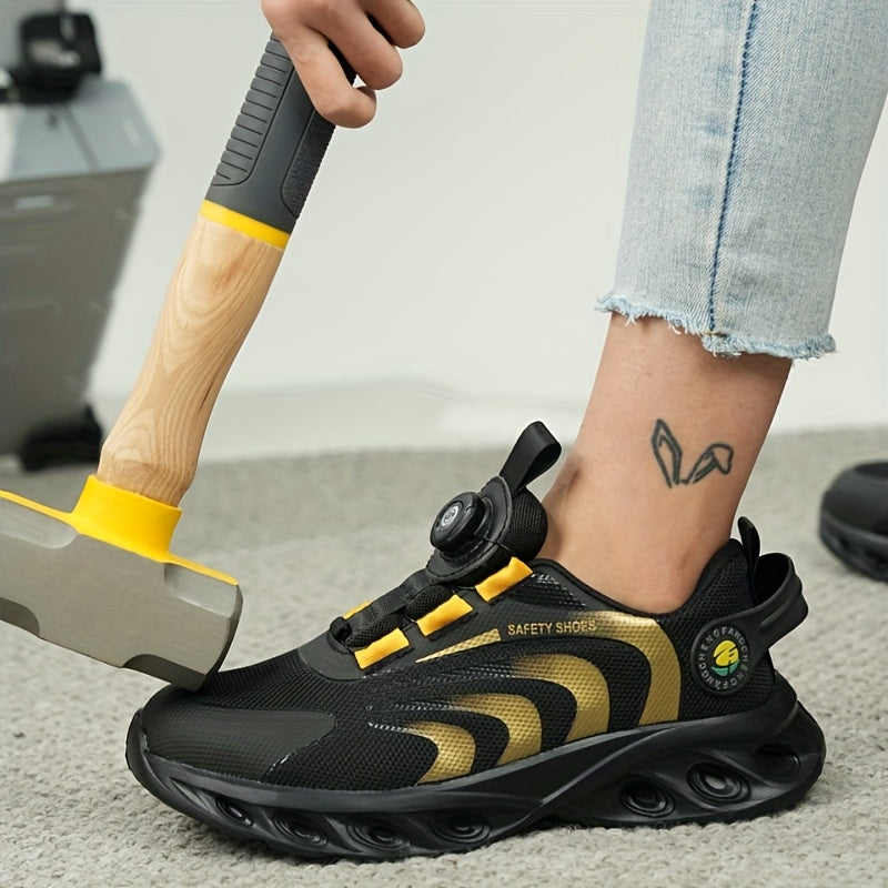 Women's Lightweight Safety Sneakers Breathable Mesh Black Yellow Steel Toe