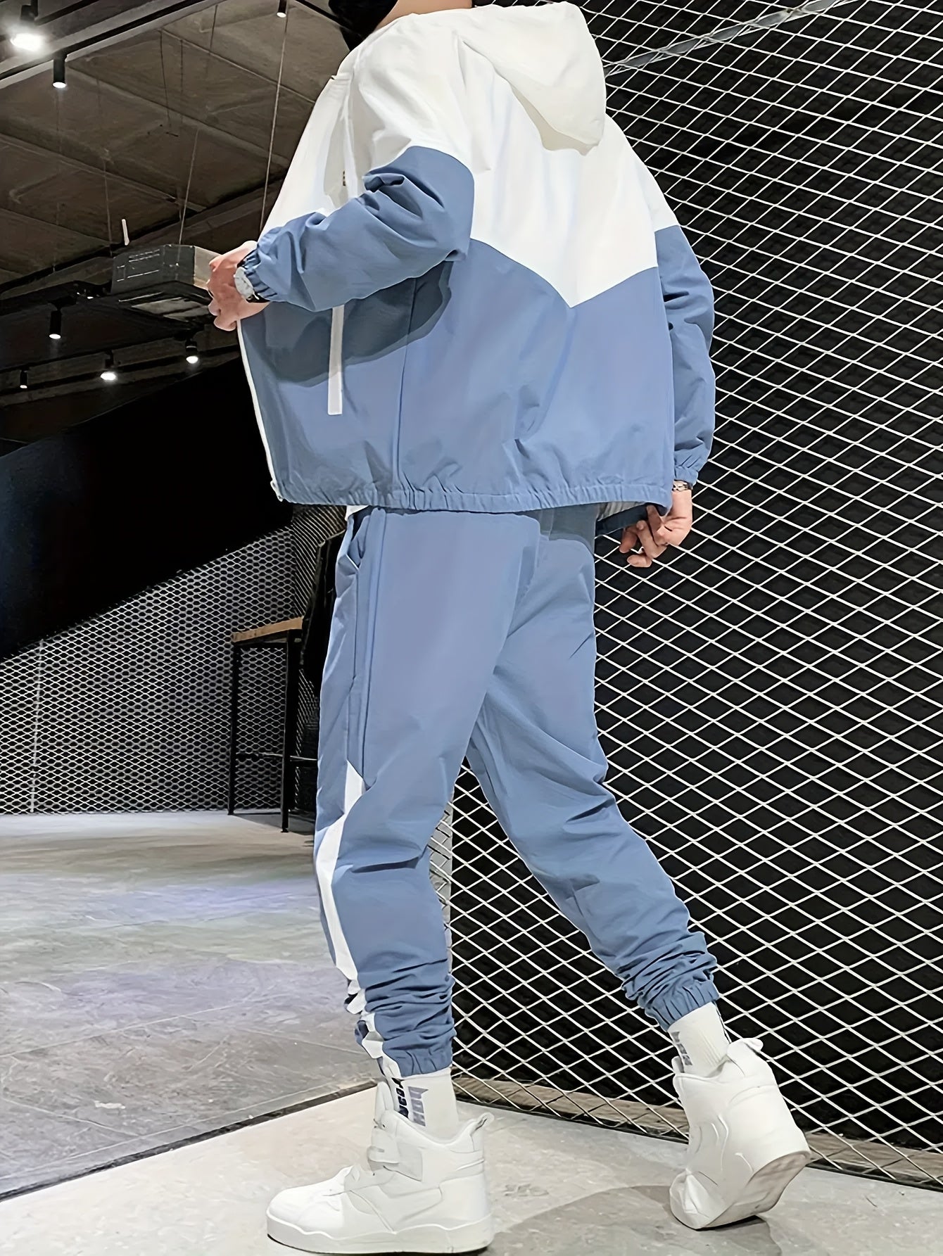 Men's Athletic Hoodie and Pants Set Blue White Color Block Polyester Spring Fall Sportswear