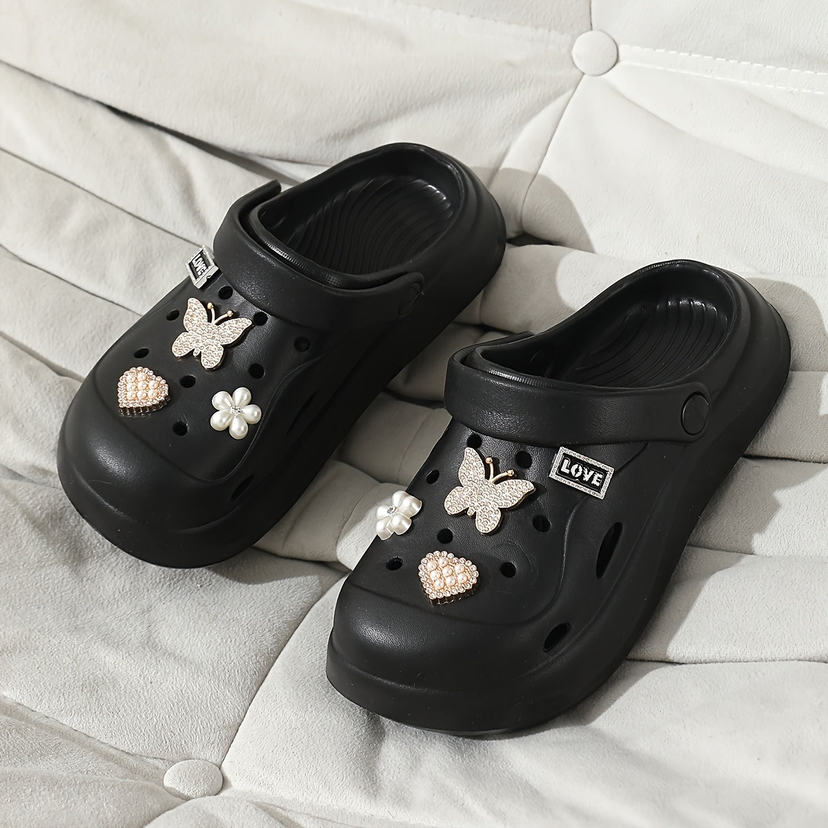 Women's EVA Clogs with Rhinestone Butterfly and Heart Charms, Summer Beach Sandals, White