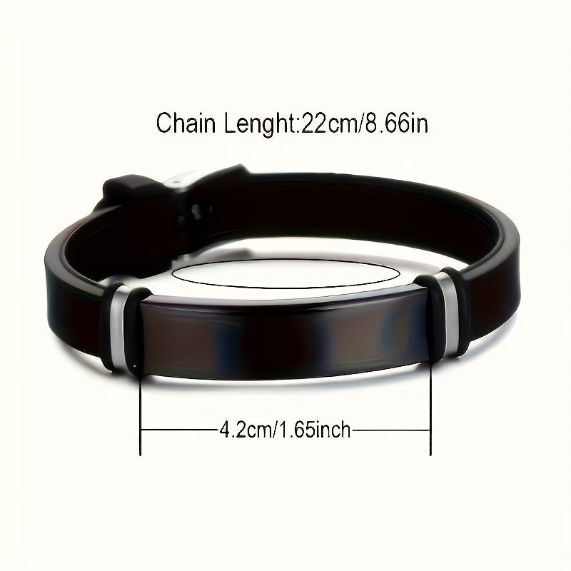 Men's Silicone Bracelet with Engraved Stainless Steel Tag Adjustable ID Wristband August Birthstone Unplated