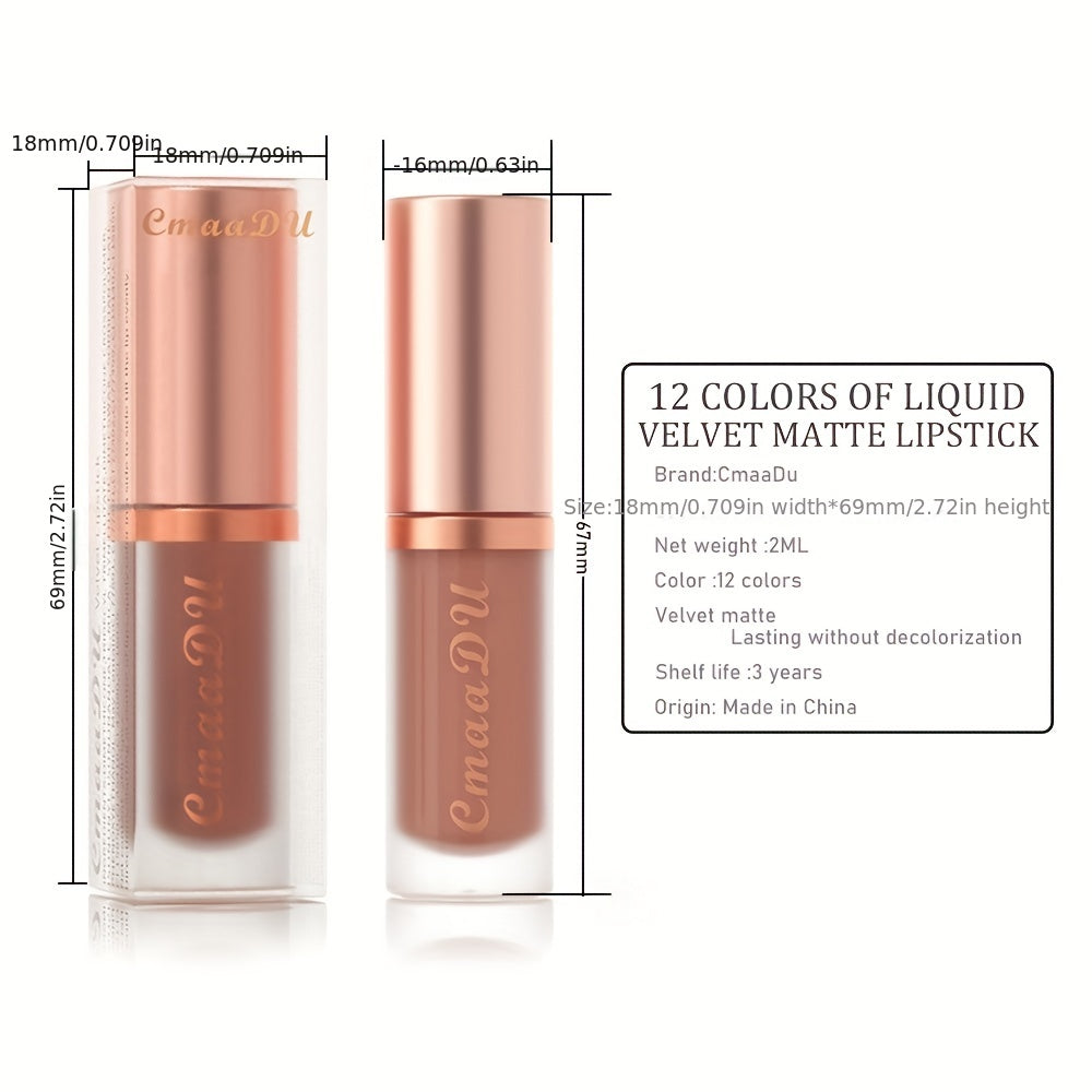 Women Waterproof Matte Lip Glaze and Velvet Lipstick 12 Colors Long-Lasting