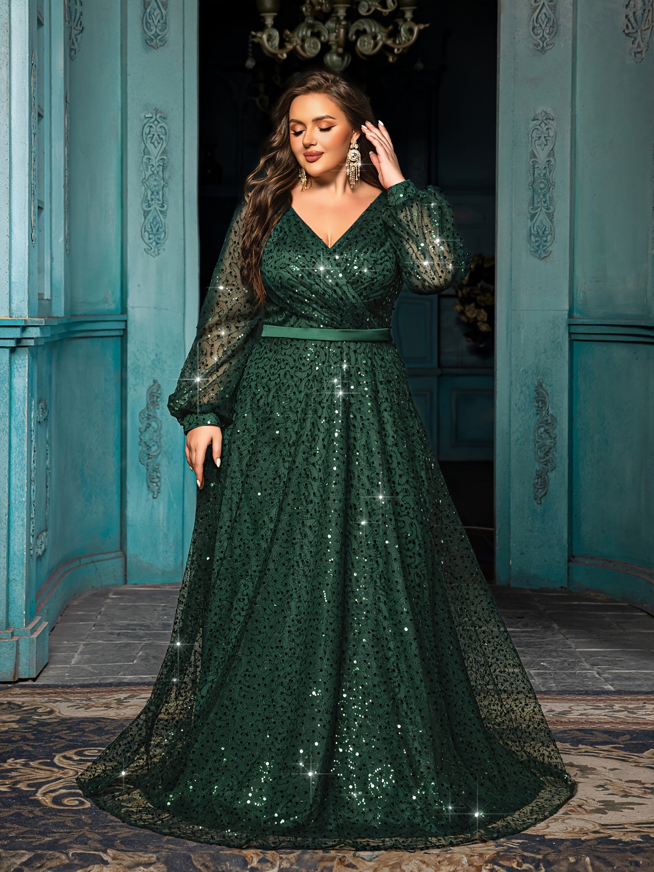 Women Emerald Green Sequin V-Neck Gown with Lantern Sleeves Formal Evening Dress