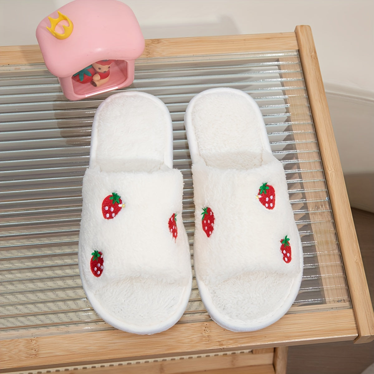 Women’s Strawberry Embroidered Open-Toe Slippers with Non-Slip EVA Sole