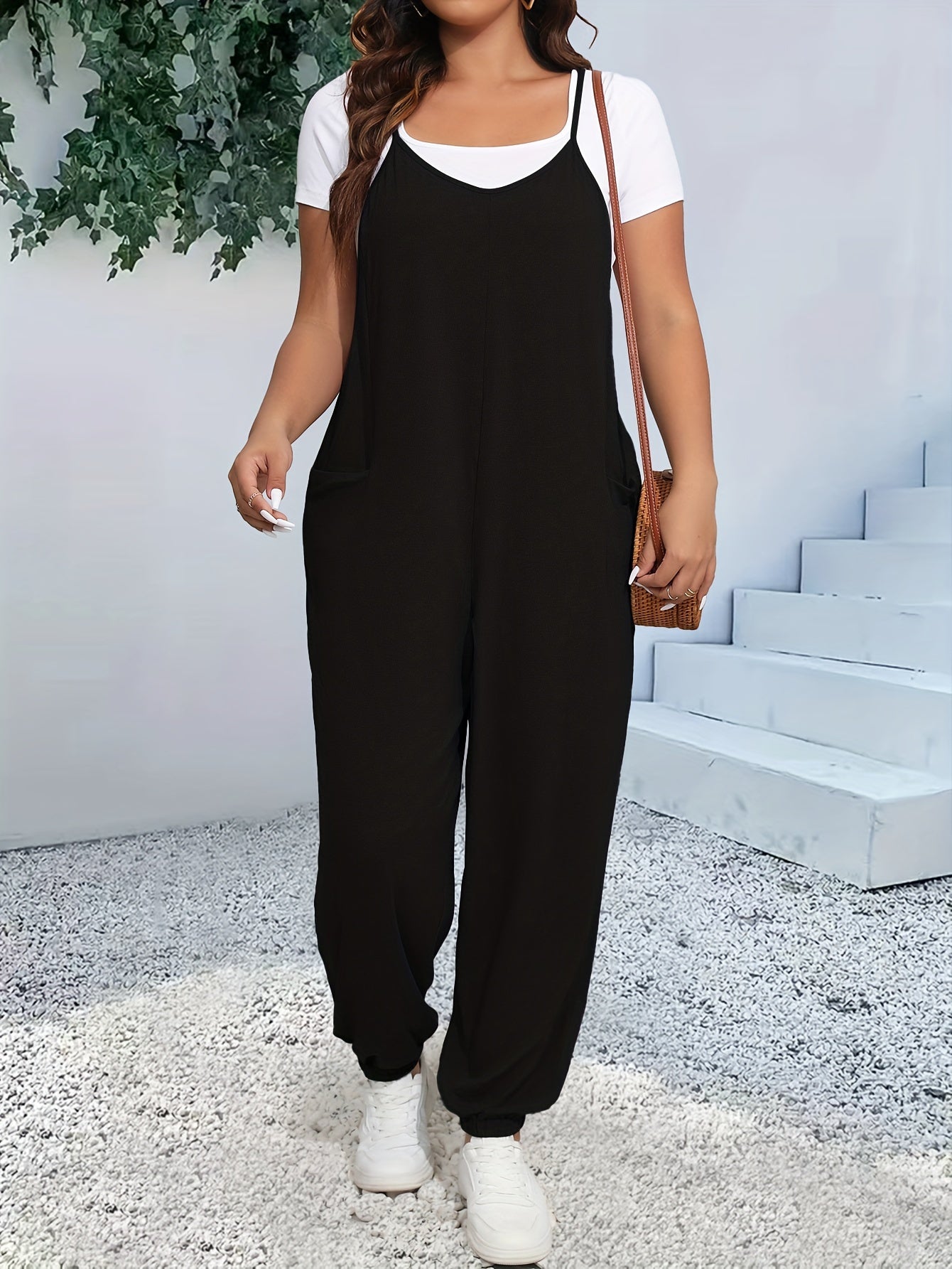 Plus Size Casual V-Neck Jumpsuit with Pockets Polyester Knit Spring Summer Fall