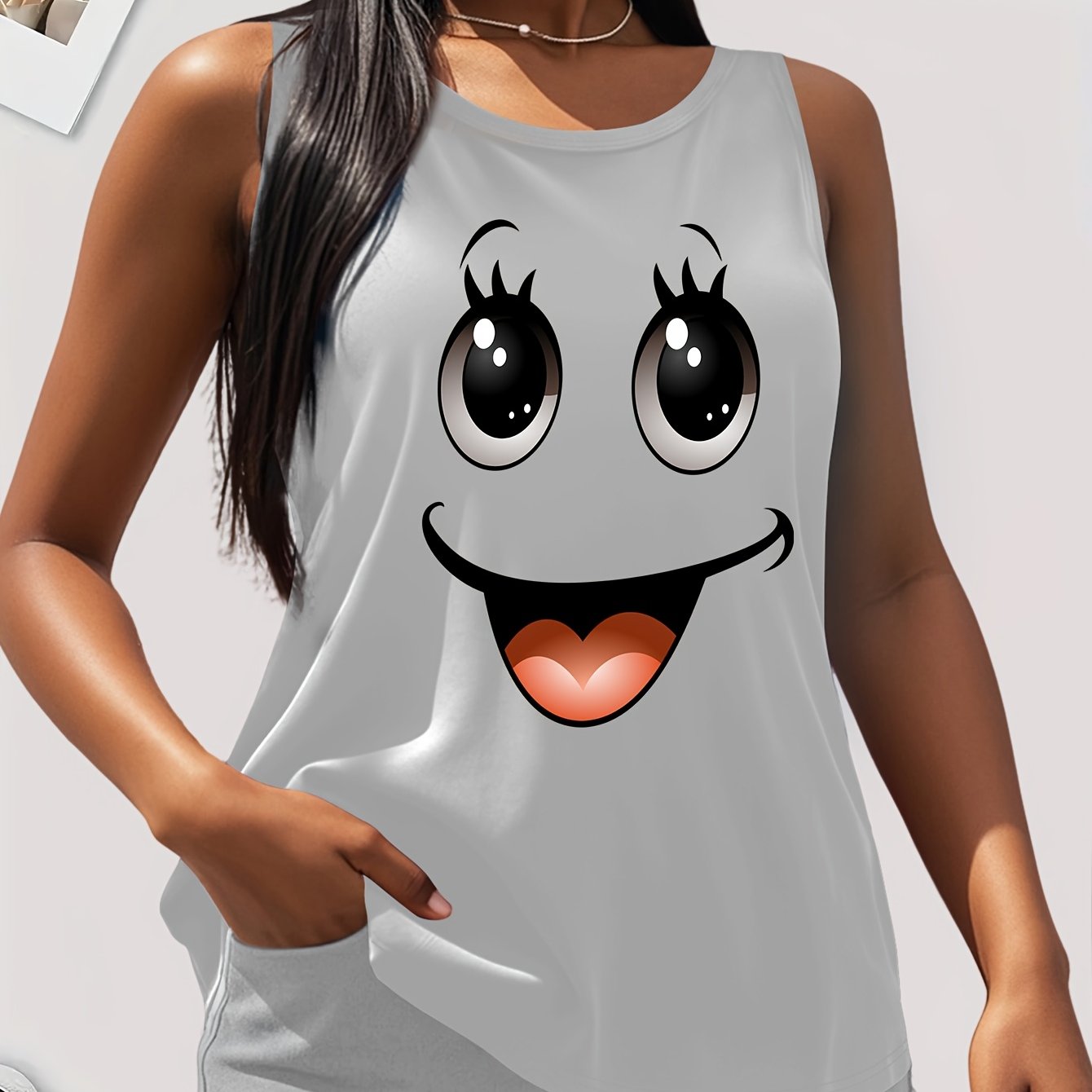 Plus Size Women's Cotton Tank Top With Smile Face Print Sleeveless Casual Summer Fashion