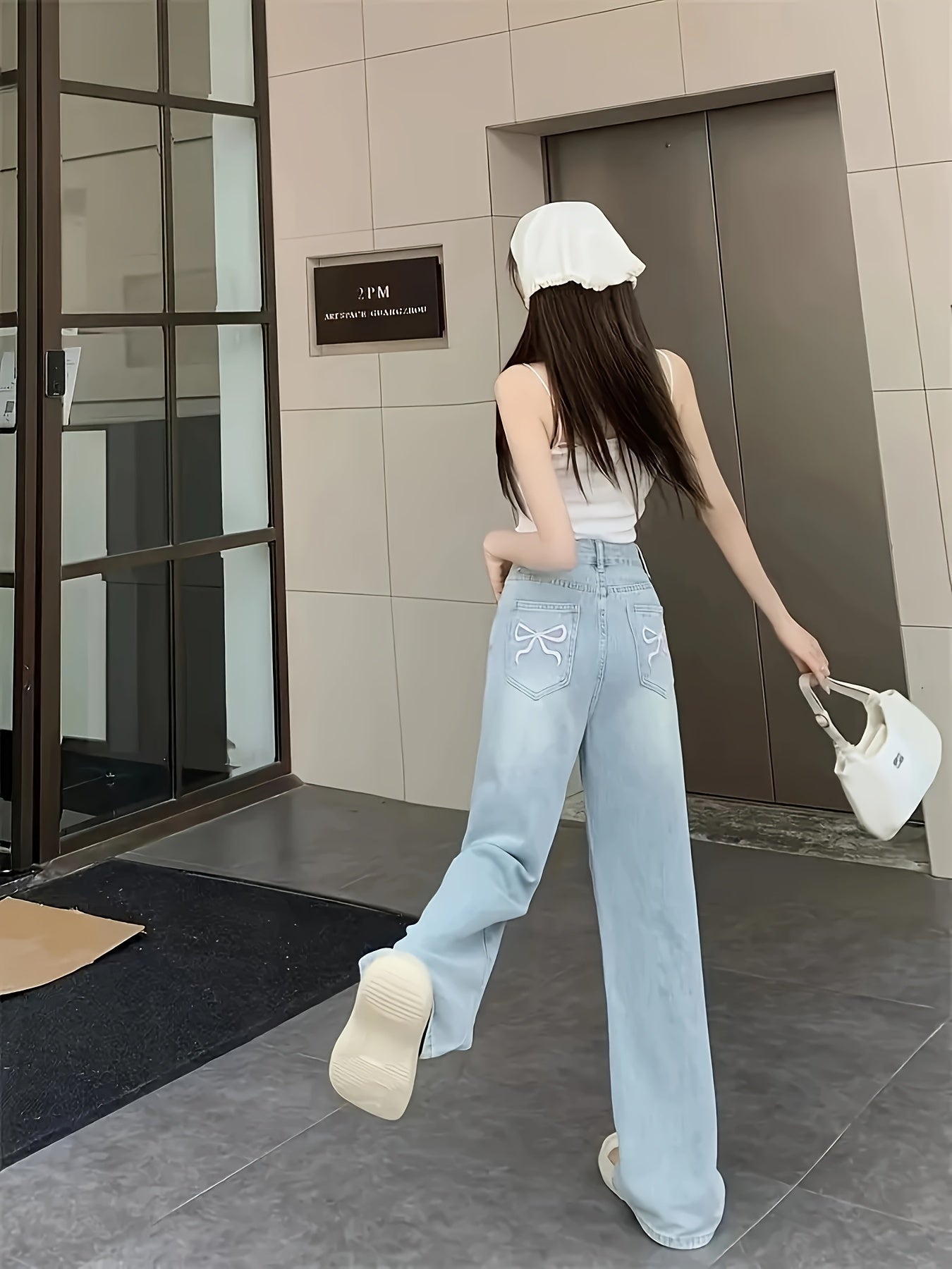 Light Blue High-Waist Embroidered Straight Leg Jeans for Women