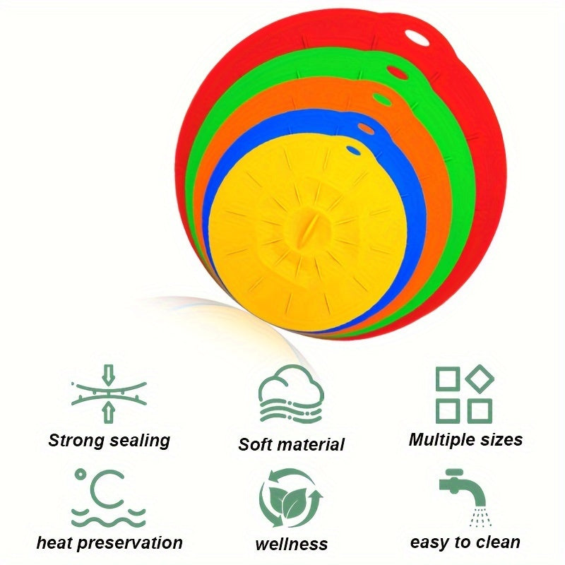 5 ta rangli silikon ovqat qopqog'i to'plami - siqilish, issiqlikka chidamli va BPA-free qopqoq, idishlar, qozonlar va panalar uchun - pech, mikroto'lqinli pech va muzlatgich uchun xavfsiz, tozalash oson, vakuum muhrlash imkoniyati bilan.