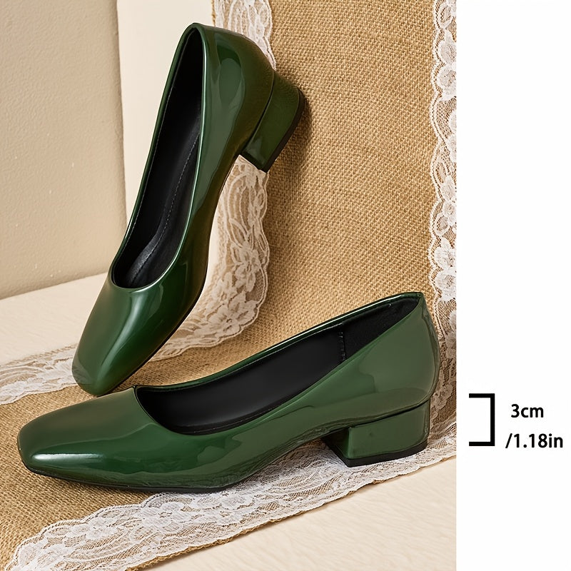 Women's Green Square Toe Mary Jane Pumps Breathable Synthetic Low Block Heel Dress Shoes