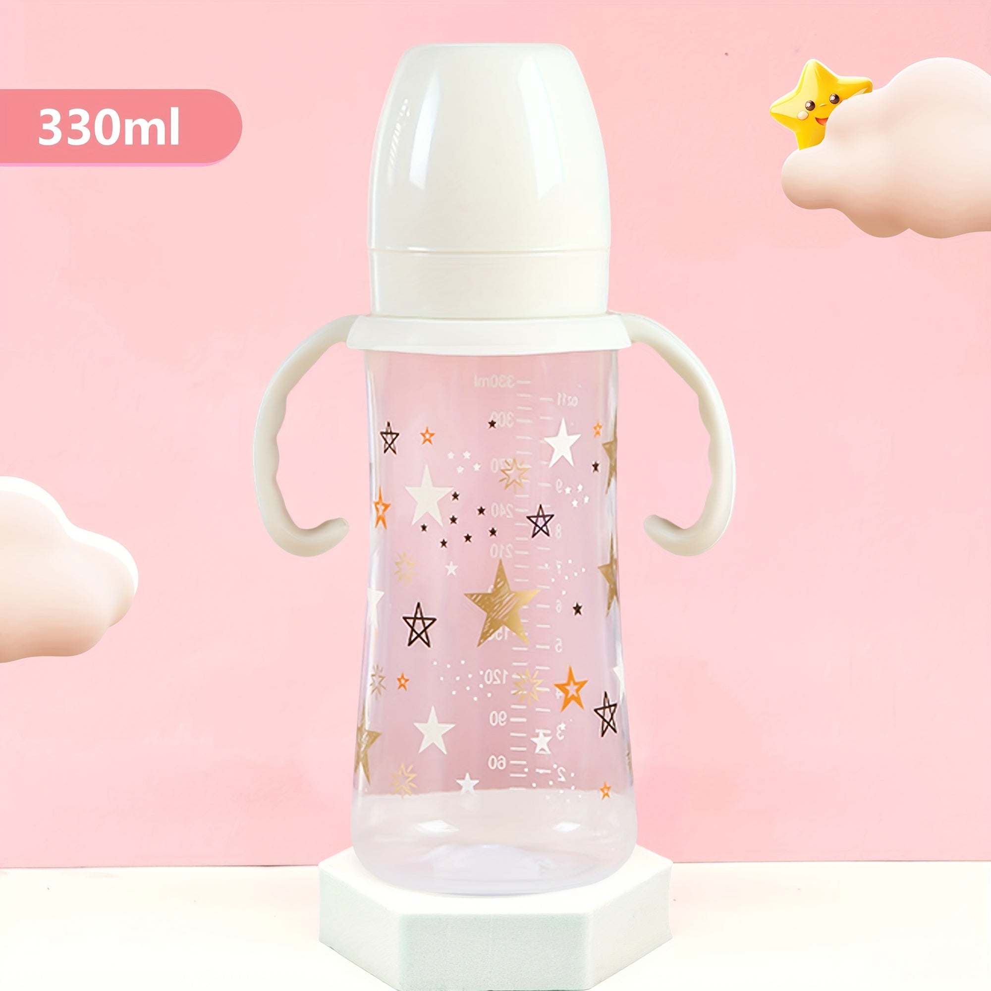 330ml Baby Feeding Bottle for 6-36 Months with Handle and Fairy Star Design in White Blue Pink