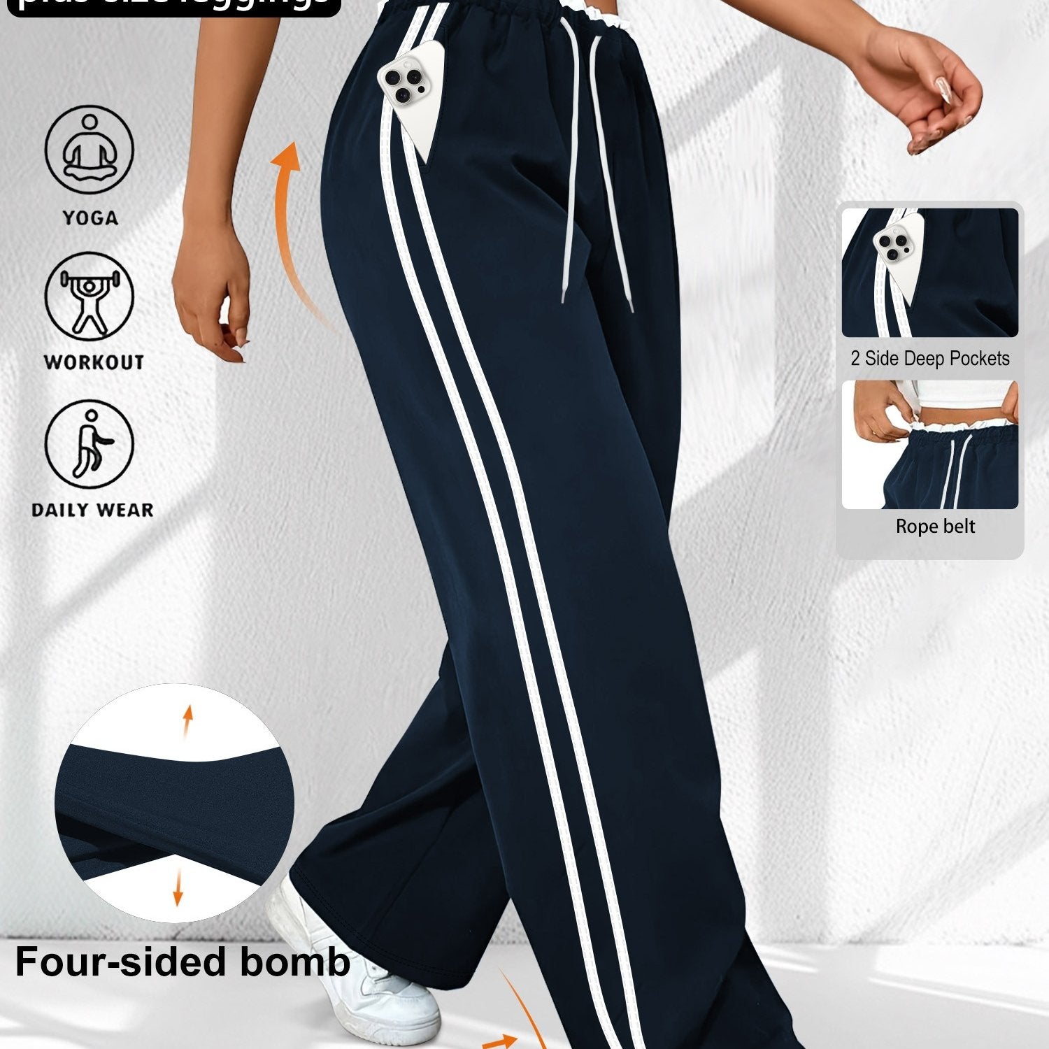 Women's Plus Size High-Waist Striped Joggers with Pockets, 7/8 Length Sports Pants