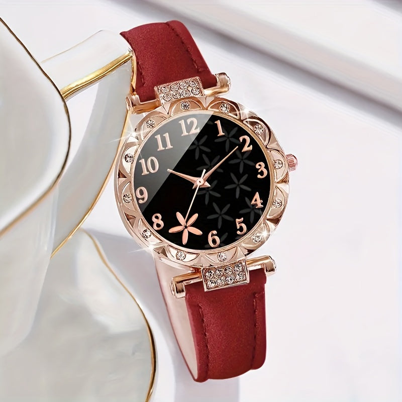 6-Piece Quartz Watch Set with Rhinestones Faux Leather Bracelets for Women