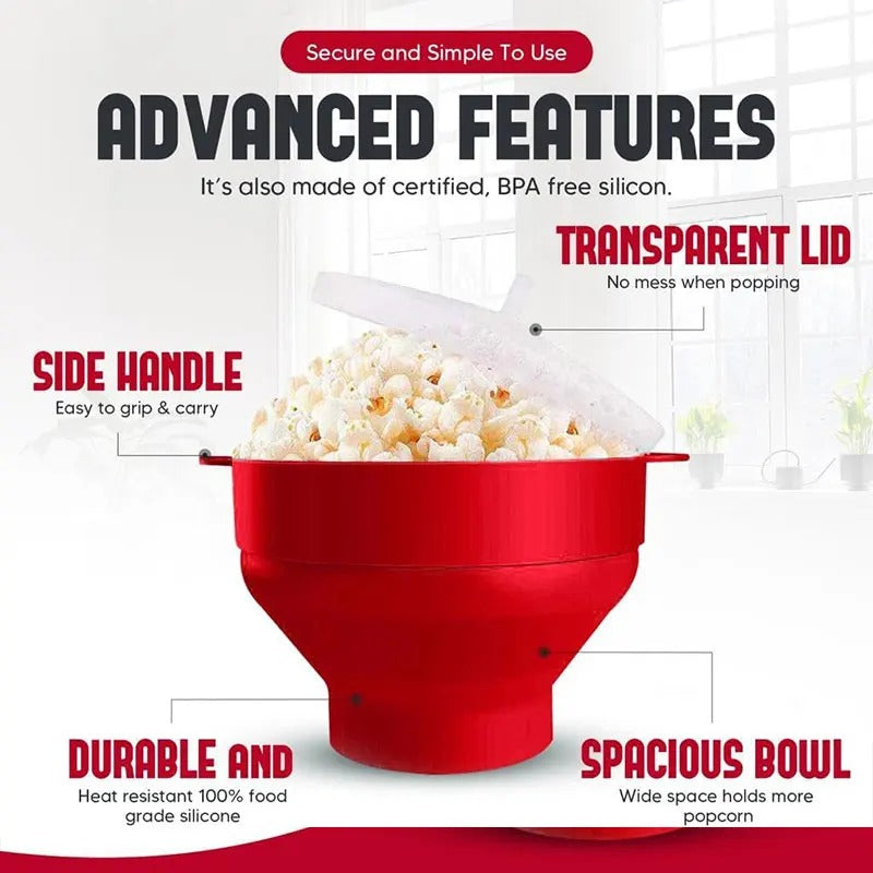 Silicone popcorn maker BPA-free collapsible lid dishwasher safe easy to use