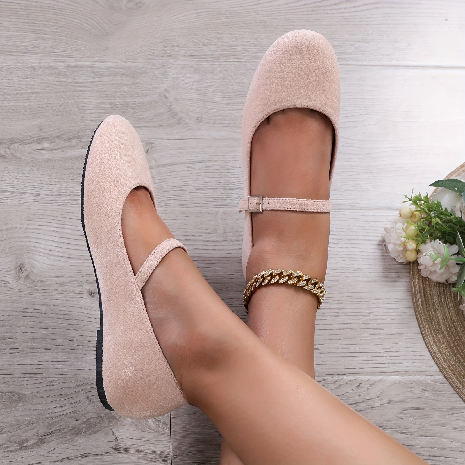 Women's Flat Shoes Buckle Strap Solid Color Ballet Flats