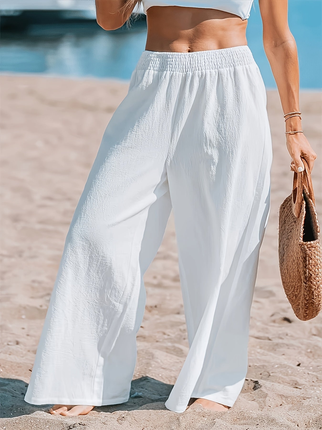 Women's Plus Size White Wide-Leg High Waist Pants Loose Fit All-Season