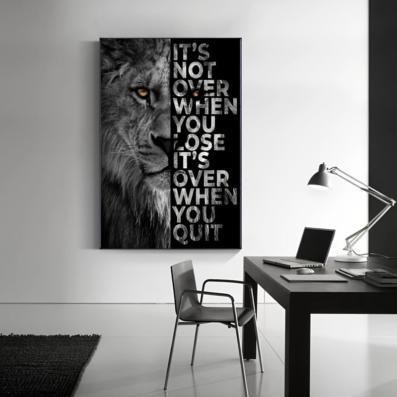 "Uy yoki ofis dekoratsiyasi uchun lion motivatsion plakat kanvas bosma, o'lchami 39.88*59.94 sm, ramkasiz."