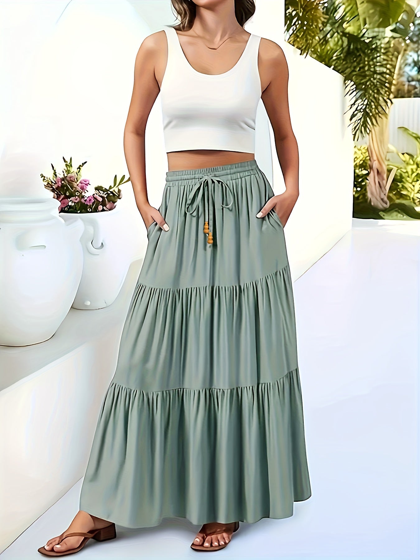 Women's Pleated High-Waisted Pocket A-Line Long Skirt Summer Beach Midi