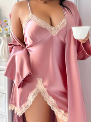 Women Plus Size Lace Nightgown V-Neck Sleep Dress Solid Pink