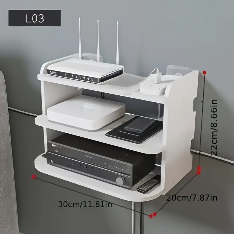 Estante de almacenamiento de pared para enrutadores WiFi, cajas de TV, blanco, instalación sin taladro, 3 compartimentos