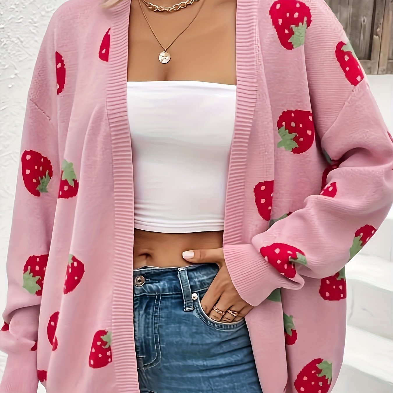 Women’s Long Sleeve Cardigan with Strawberry Prints Oversized Sweater