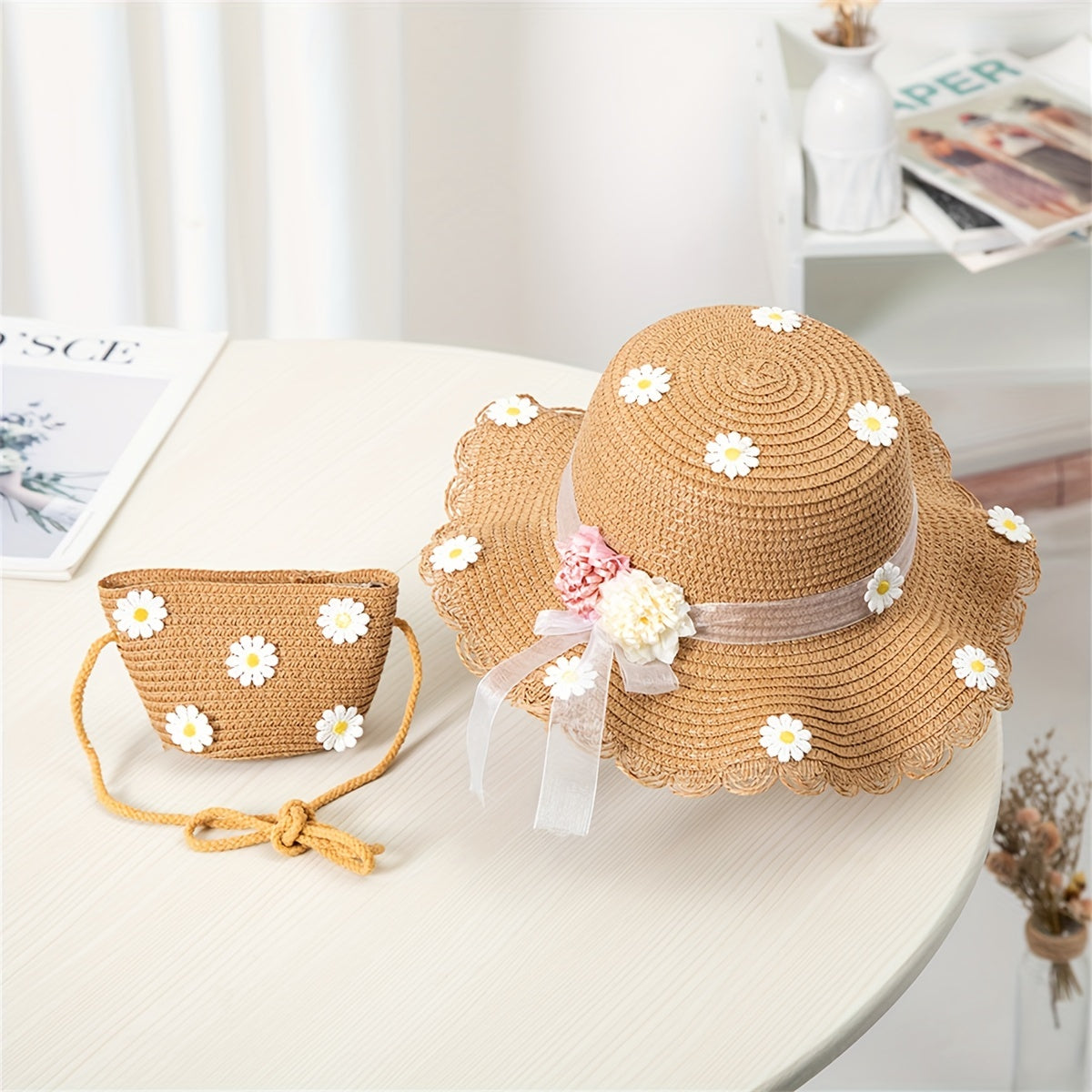 Teen Girls Straw Hat with Daisy Pattern and Matching Bag Summer Water-Resistant