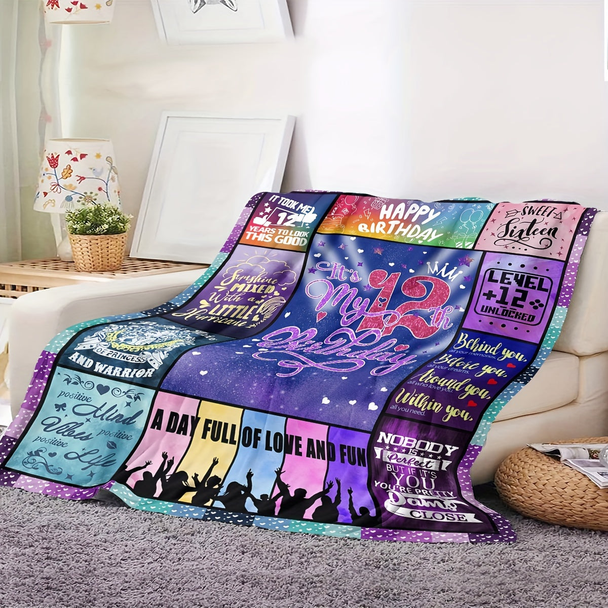 Kids Girl Birthday Blanket Soft Polyester Throw with Fun Messages and Patterns