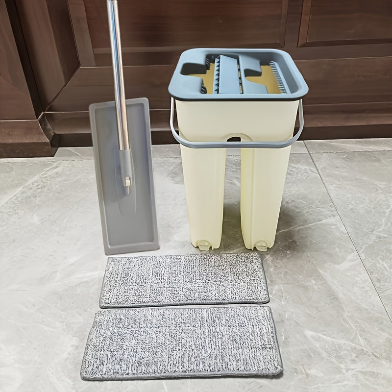 Комплект включает в себя влажную и сухую швабру, ведро и функцию мытья без рук для легкой уборки в ванной, спальне, гостиной и туалете. Двухфункциональный дизайн для универсальных потребностей в уборке.