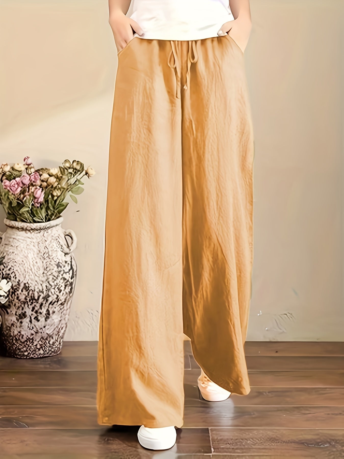 Pantalones de algodón de pierna ancha para mujer, de cintura alta y largo hasta el suelo, estilo de vacaciones, para todas las estaciones