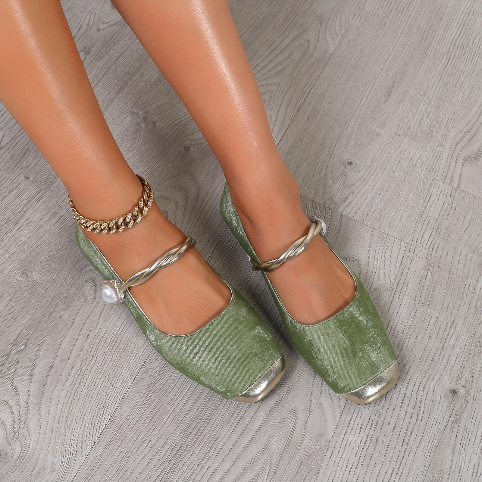 Zapatos planos para mujer elegantes con punta cuadrada, correa en el tobillo, perlas falsas, cristales, ligeros, para todas las estaciones