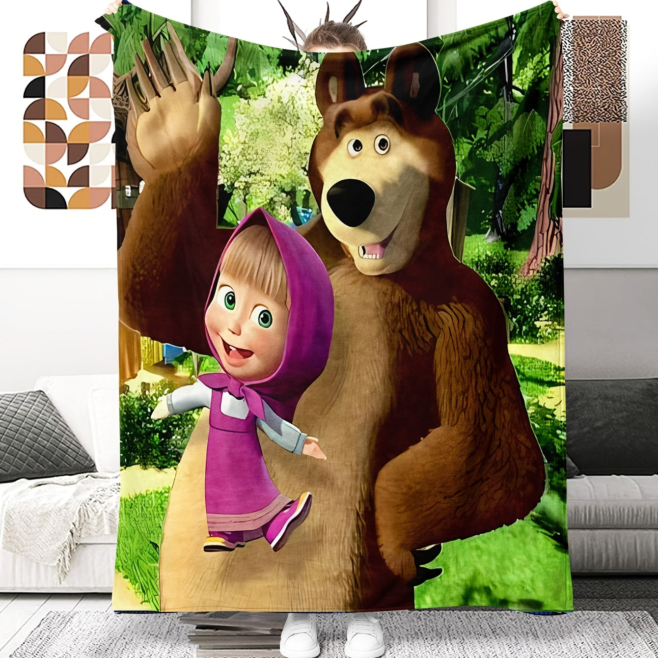 Manta de felpa de franela contemporánea con diseño de oso de dibujos animados para todas las estaciones