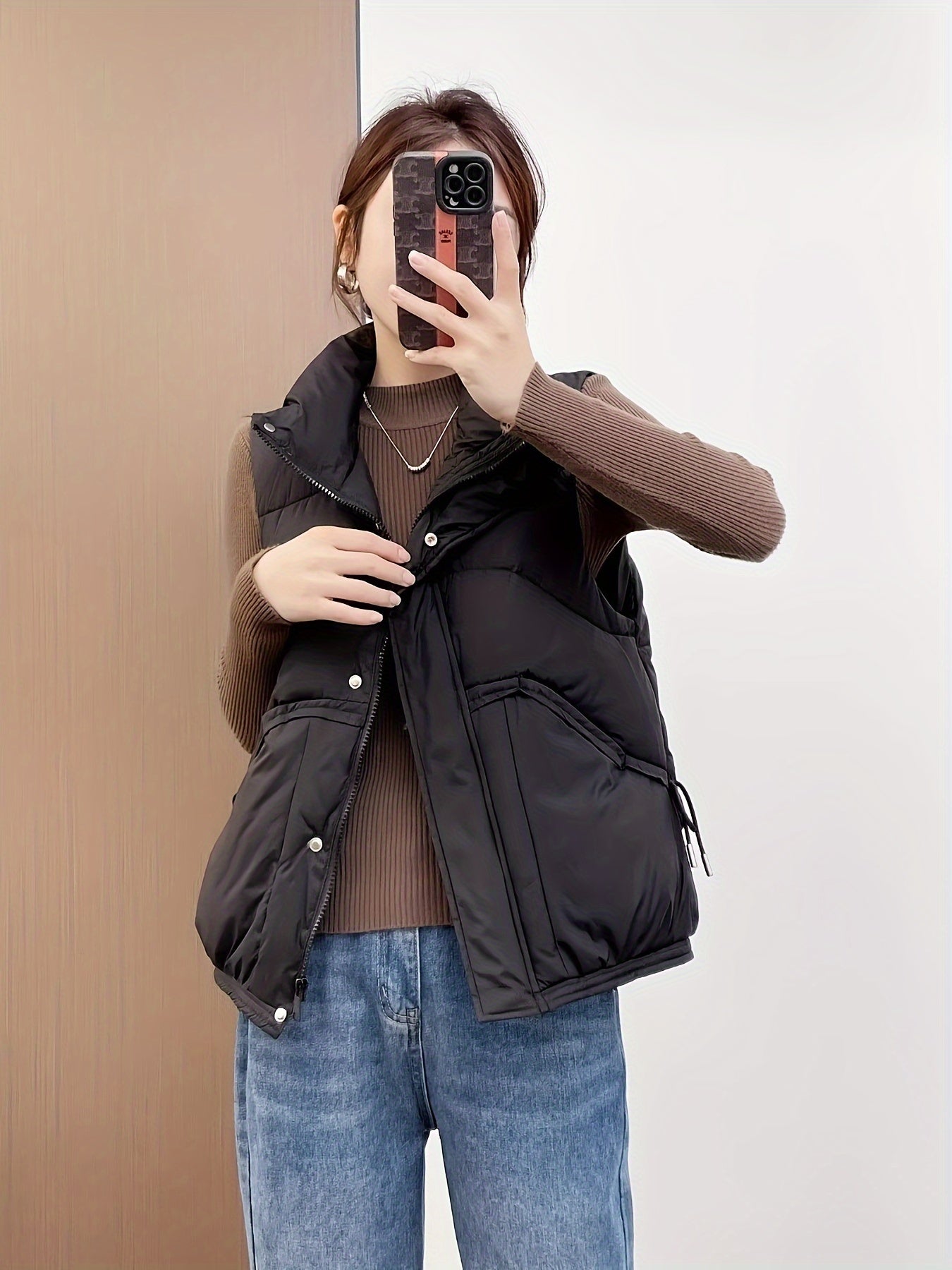 Women's Waterproof Sleeveless Puffer Vest in Solid Cream Polyester for Casual Wear