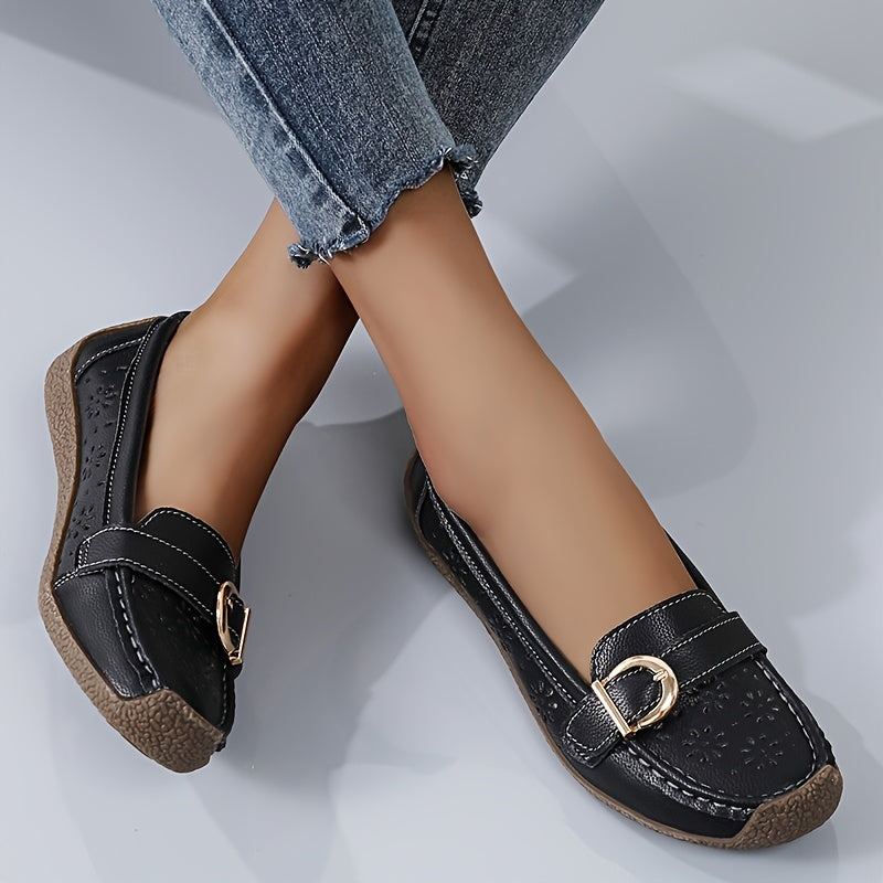 Women's White Slip-On Loafers with Ventilation Holes, Gold Buckle, Soft TPR Sole