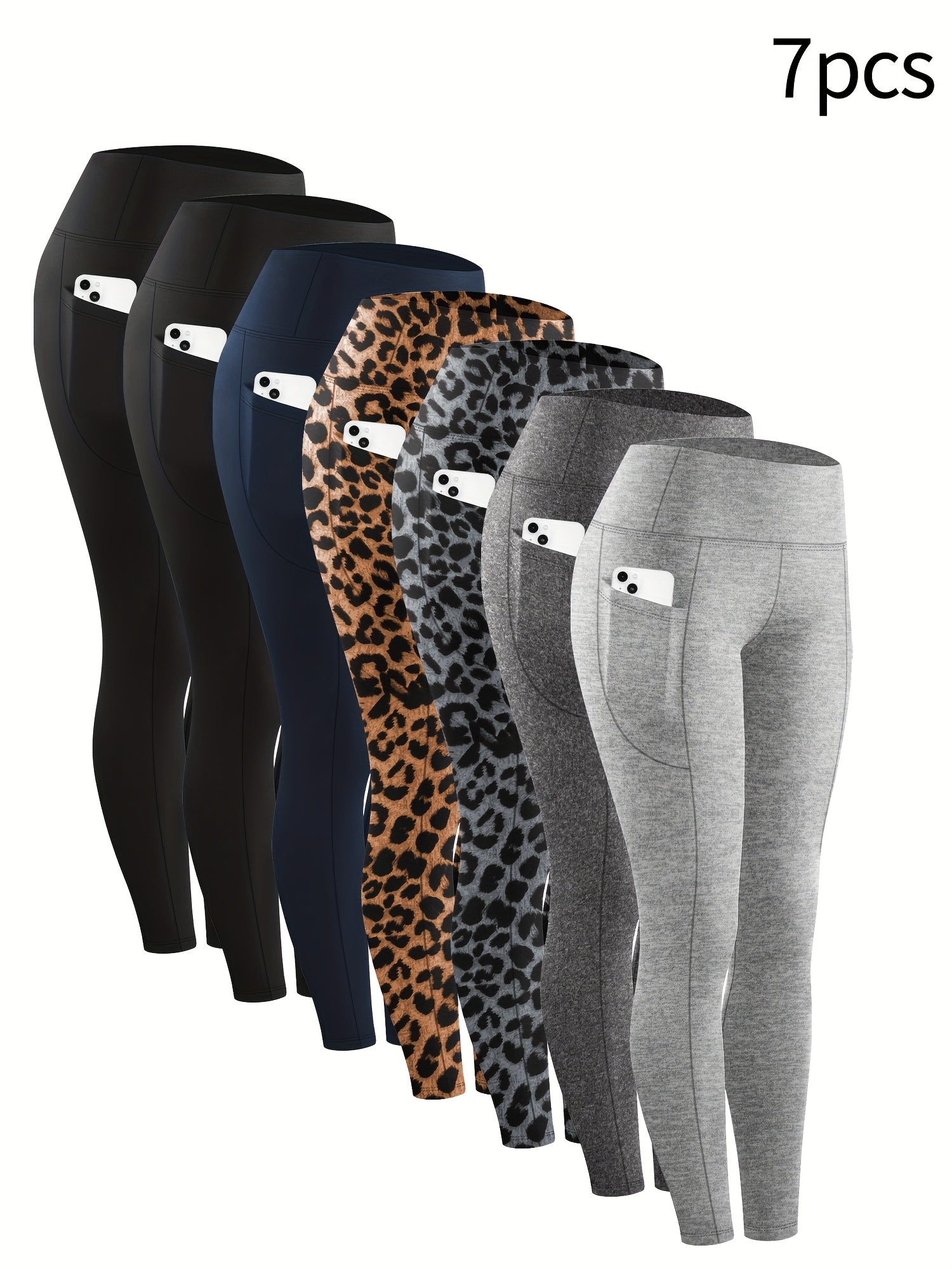 Plus Size Yoga Pants 7-Pack – Tummy Control High-Waisted Workout Leggings with Pockets