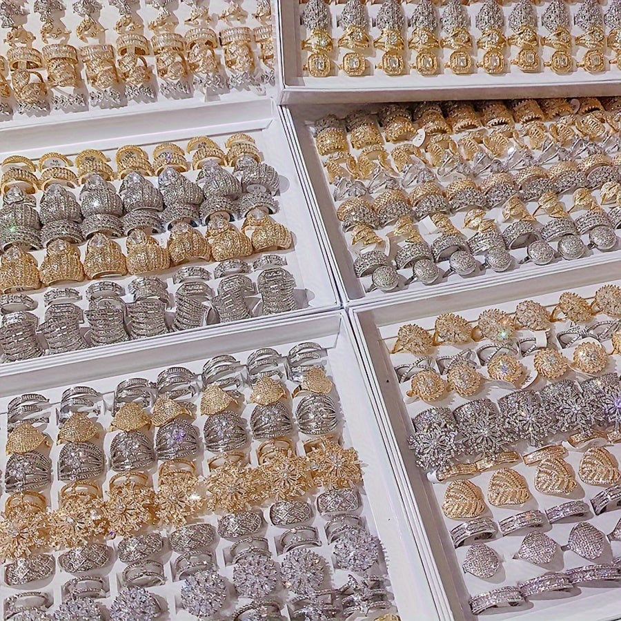 Set of 10 Women's Cubic Zirconia Rings Assorted Designs Sizes Jewelry for Parties Weddings Valentine