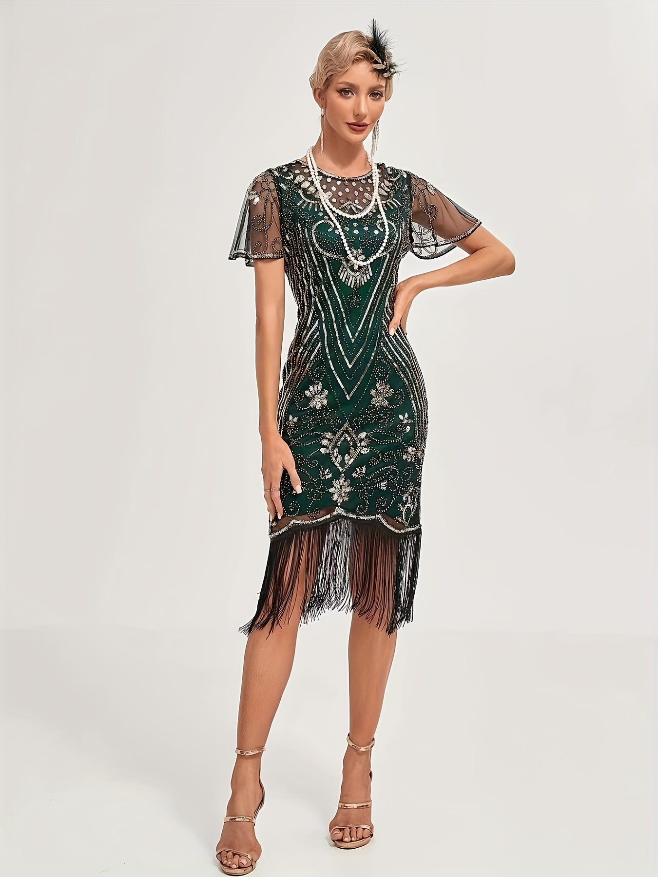 Women's 1920s Sequin Flapper Dress Beaded Embroidery Fringe Party Gown