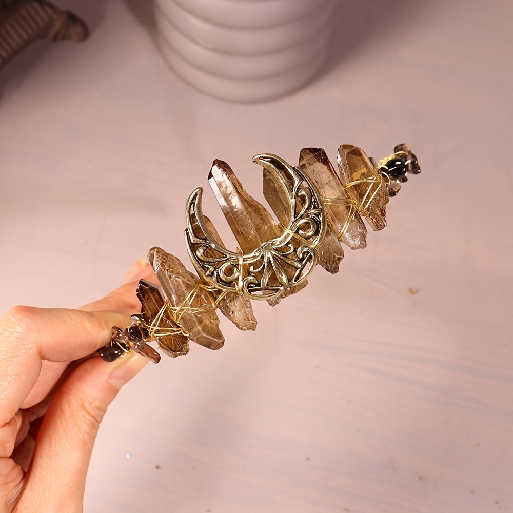 Women's Hair Accessory Headband with Natural Crystal and Moon Tiara Design