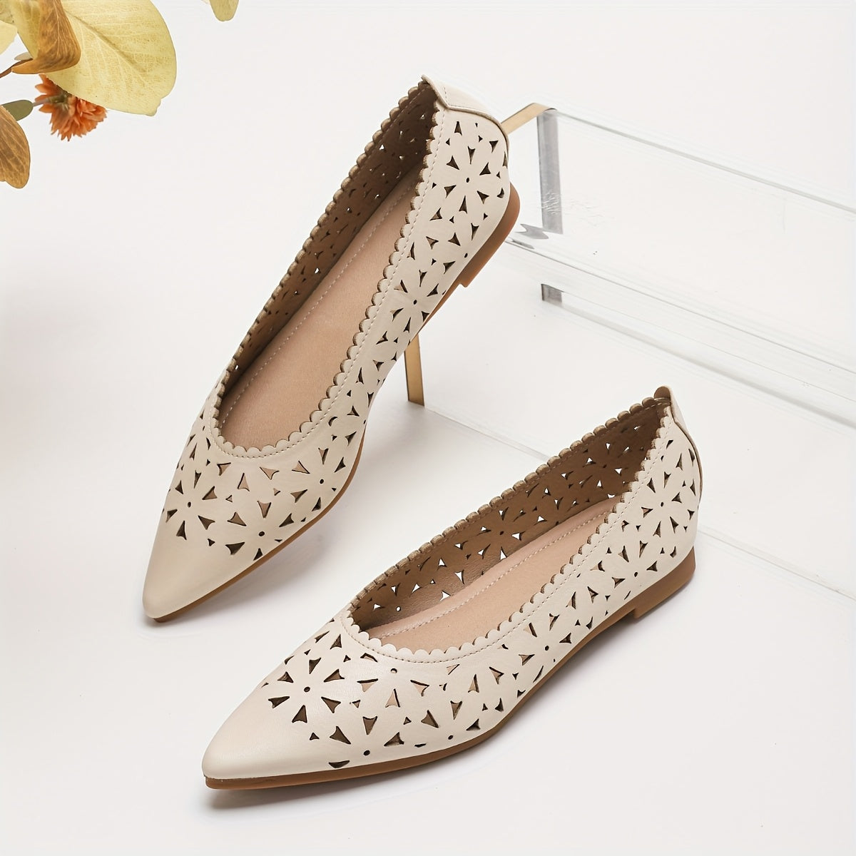 Women's Pointed-Toe Slip-On Flats Breathable Cut-Out Beige Synthetic Shoes