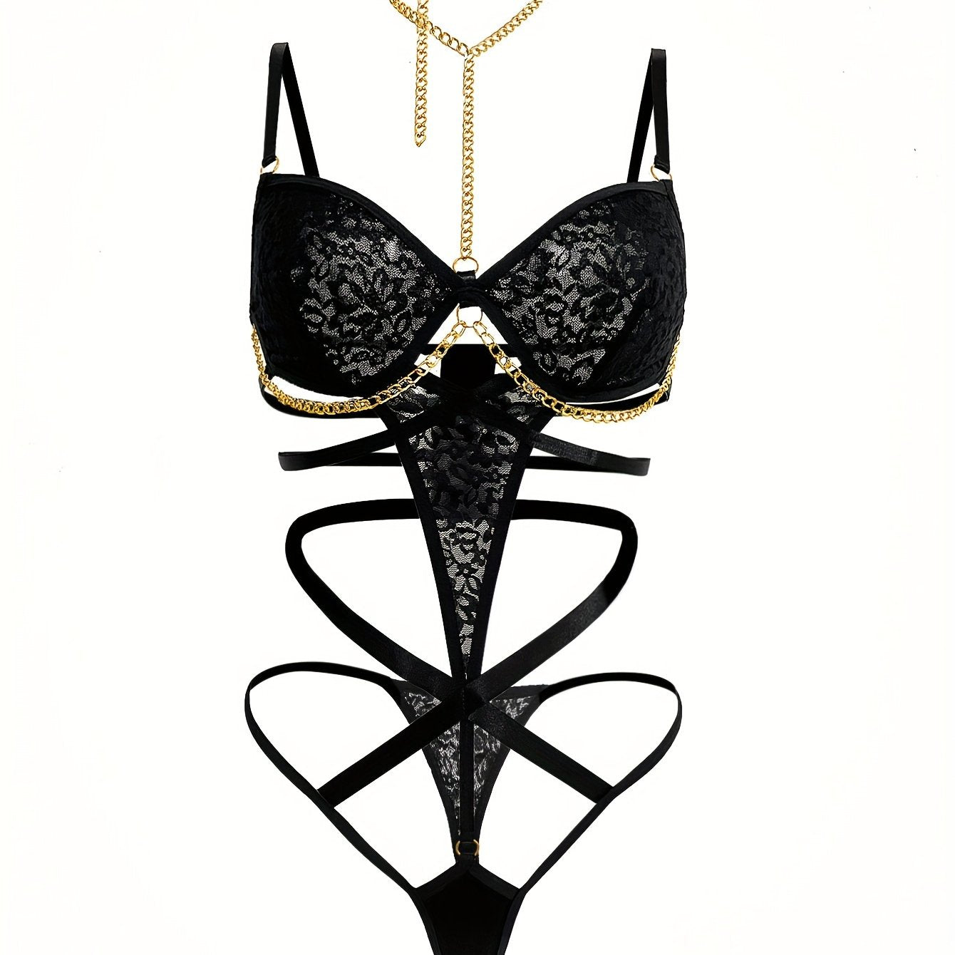 Women's Lace Teddy and Thong Set Black Small