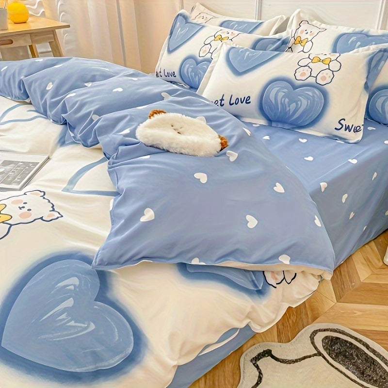 4PCS Cartoon Heart Bear Bedding Set Polyester Animal Theme All-Season Bed Linen
