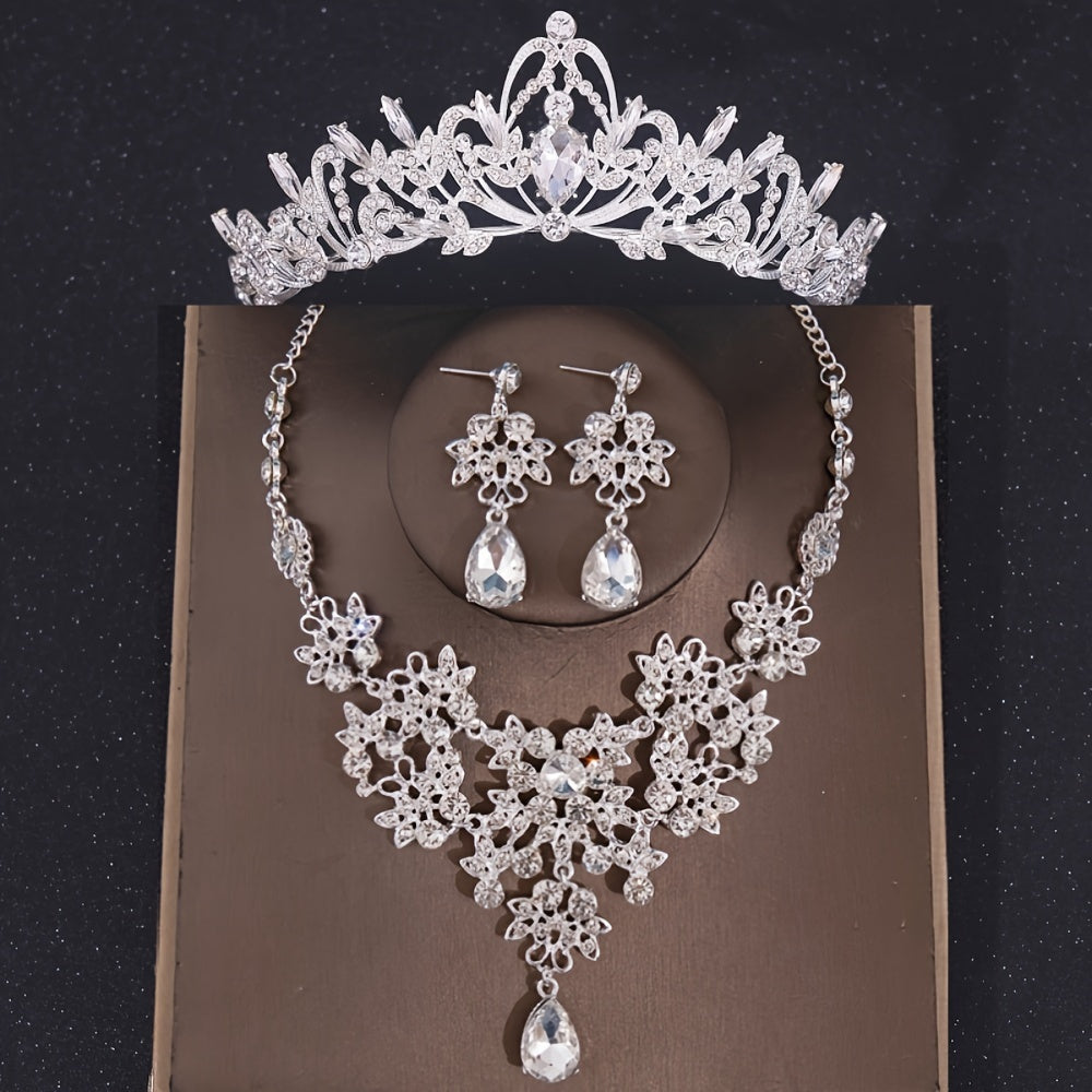 Elegant Wedding Jewelry Set with Crown Necklace and Earrings Green Rhinestones Bridal Accessories for Women