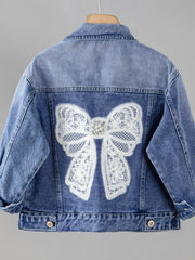 Girls' Denim Jacket with Lace Butterfly Detail Casual Cotton Blend All-Season