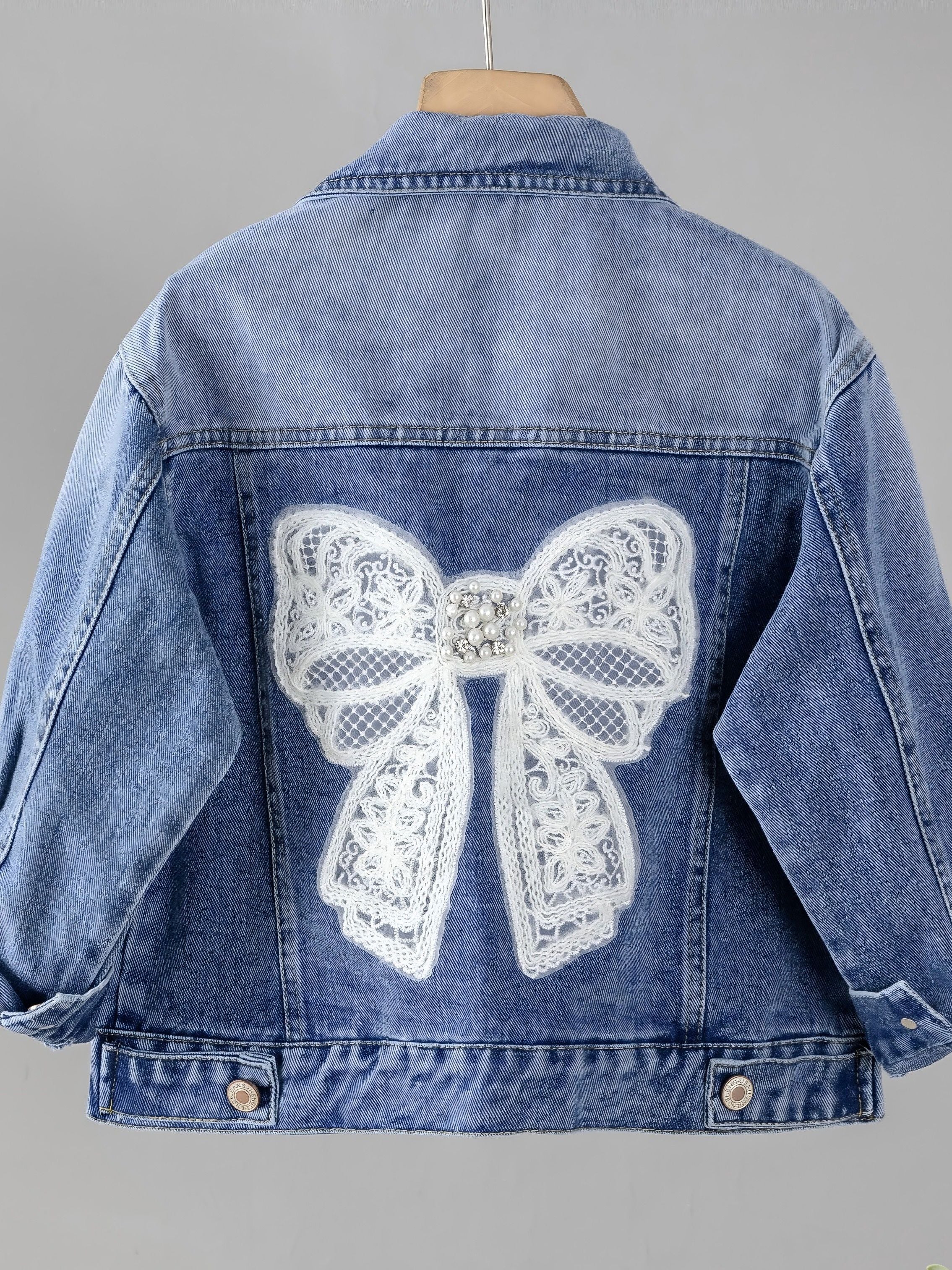 Girls' Denim Jacket with Lace Butterfly Detail Casual Cotton Blend All-Season