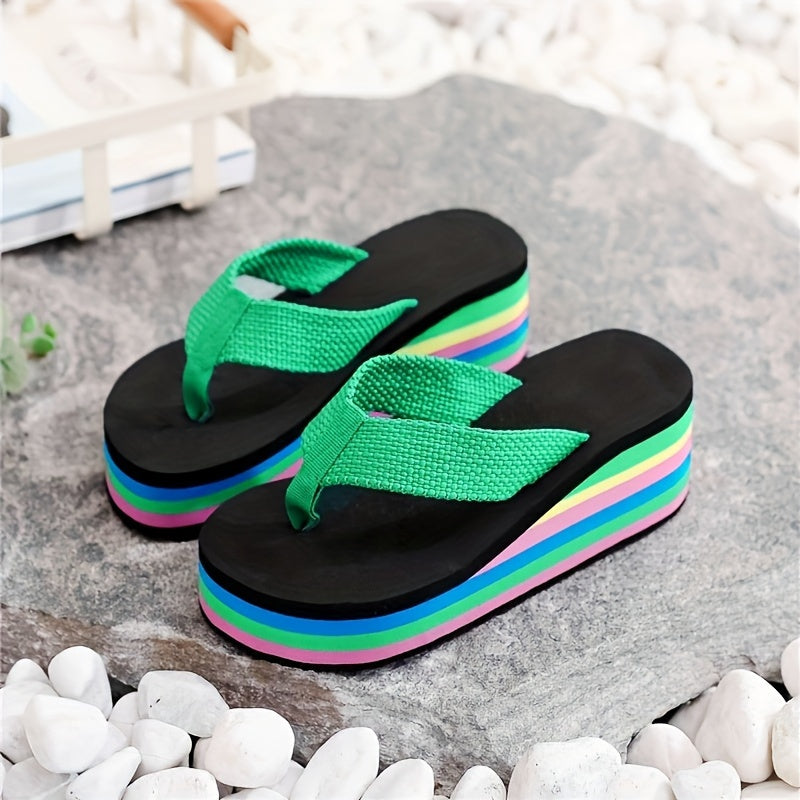 Women's Rainbow Sole Wedge Flip Flops Slip-On Platform Slide Shoes for Summer Beach Wear
