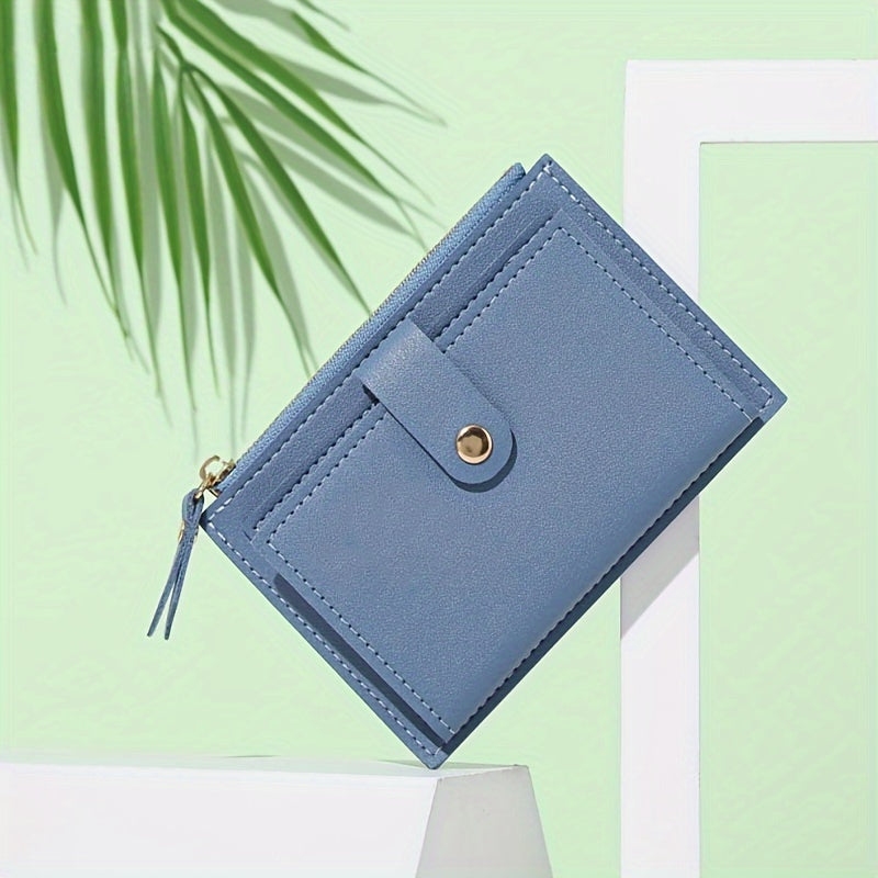 Women's Bifold Wallet with Zipper Snap Button in Pink Blue Black Light Brown PU Material