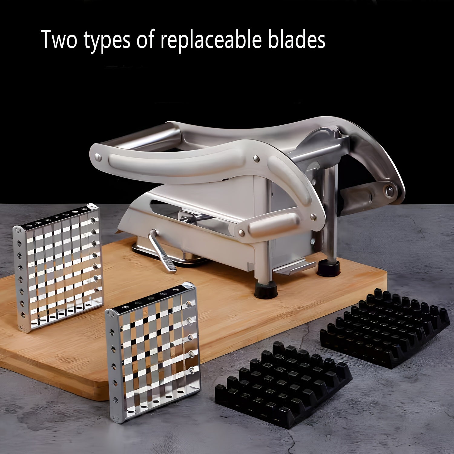 Yaxshilangan dizaynga ega zanglamas po'latdan yasalgan kartoshka kesgichi va oson foydalanish uchun vakuumli asos - uy va professional oshxonalar uchun ko'p maqsadli sabzavot va meva kesgichi