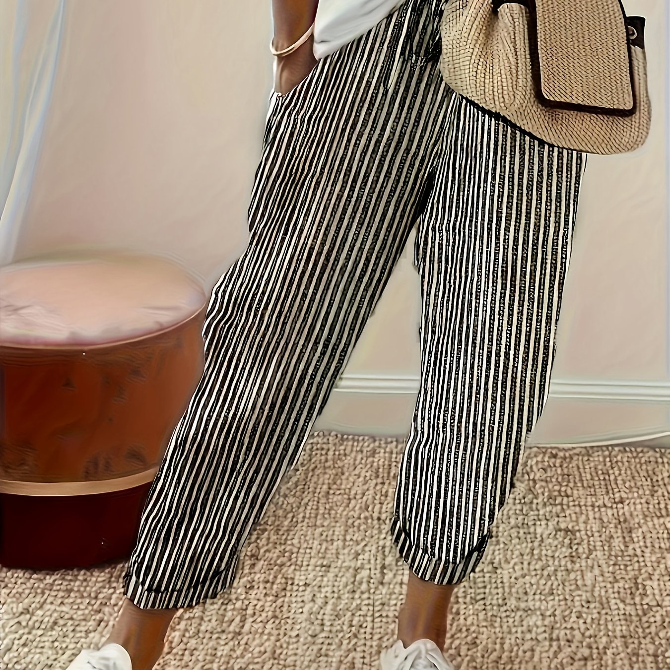 Women's High-Waisted Striped Wide Leg Pants Lightweight Polyester All-Season Casual