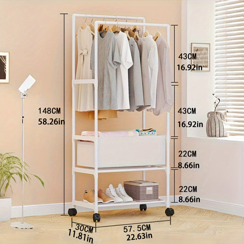 Perchero independiente con ruedas y estantes, altura de 147.98cm, organizador de ropa expandible